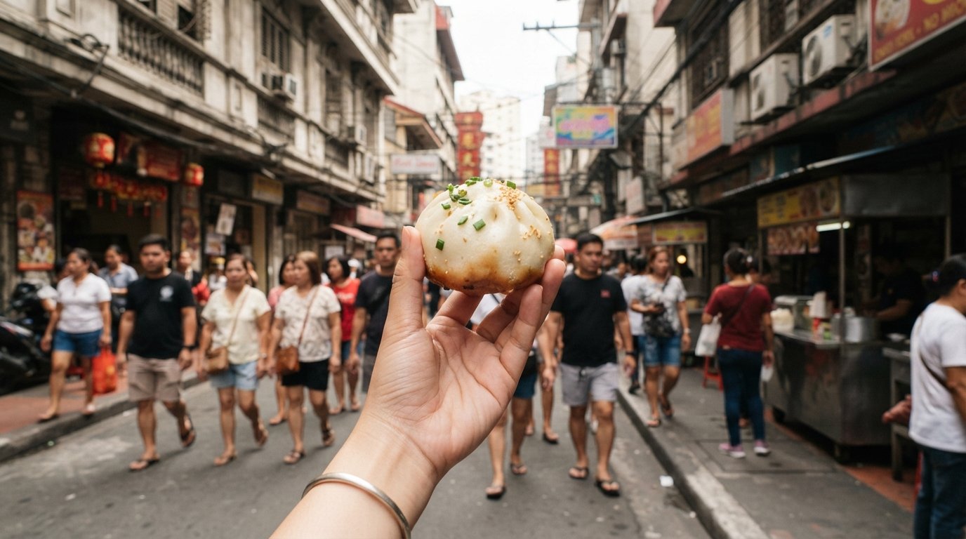 Siopao frito de Shanghai en la calle Ongpin, un bollo de cerdo y cebollino con base crujiente sostenido de cerca en una acera bulliciosa del Barrio Chino al mediodía