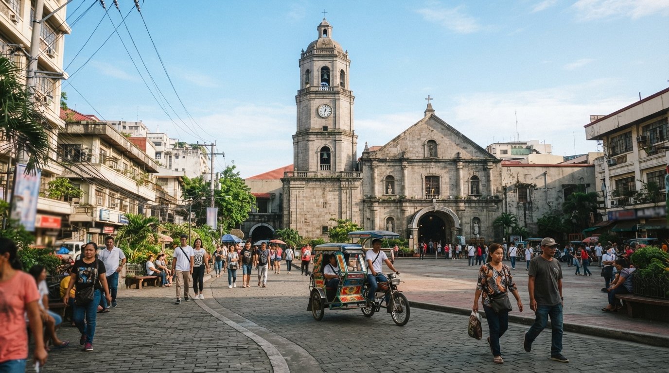 Iglesia de Binondo y Plaza San Lorenzo Ruiz con luz matutina, el campanario de granito elevándose sobre la plaza con peatones y pedicabs cruzando el primer plano