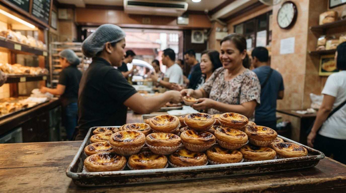 una bandeja de tartaletas de huevo portuguesas al estilo de Macao en Lord Stow's Bakery en la calle Ongpin, tapas hojaldradas ampolladas y brillantes bajo la cálida luz de la panadería