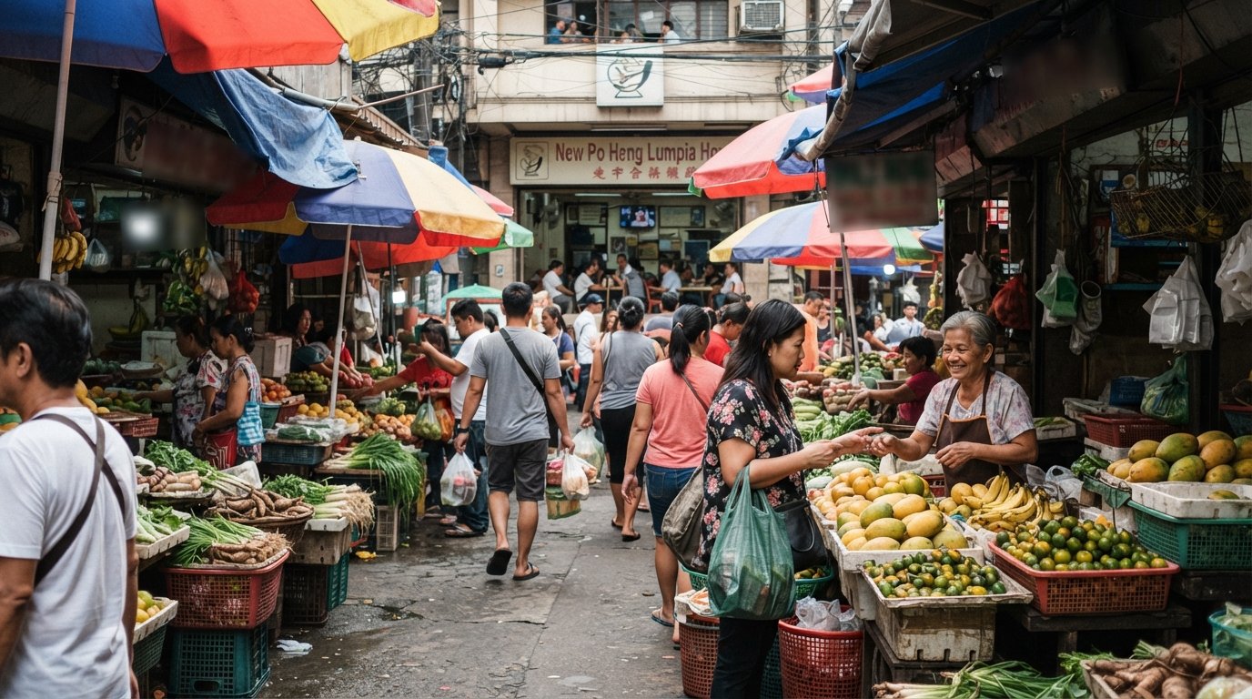 Calle Carvajal Umbrella Alley bajo toldos estirados, puestos de fruta y verdura abarrotando un callejón estrecho con New Po Heng Lumpia House visible al fondo