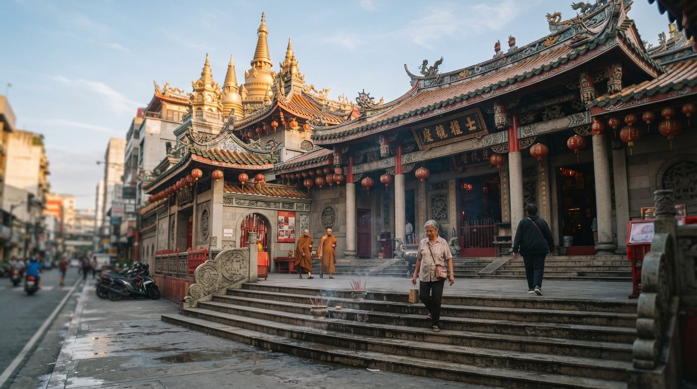 Templo Seng Guan en la calle Narra a primera hora de la mañana, estupas doradas captando la luz suave sobre los silenciosos escalones del templo