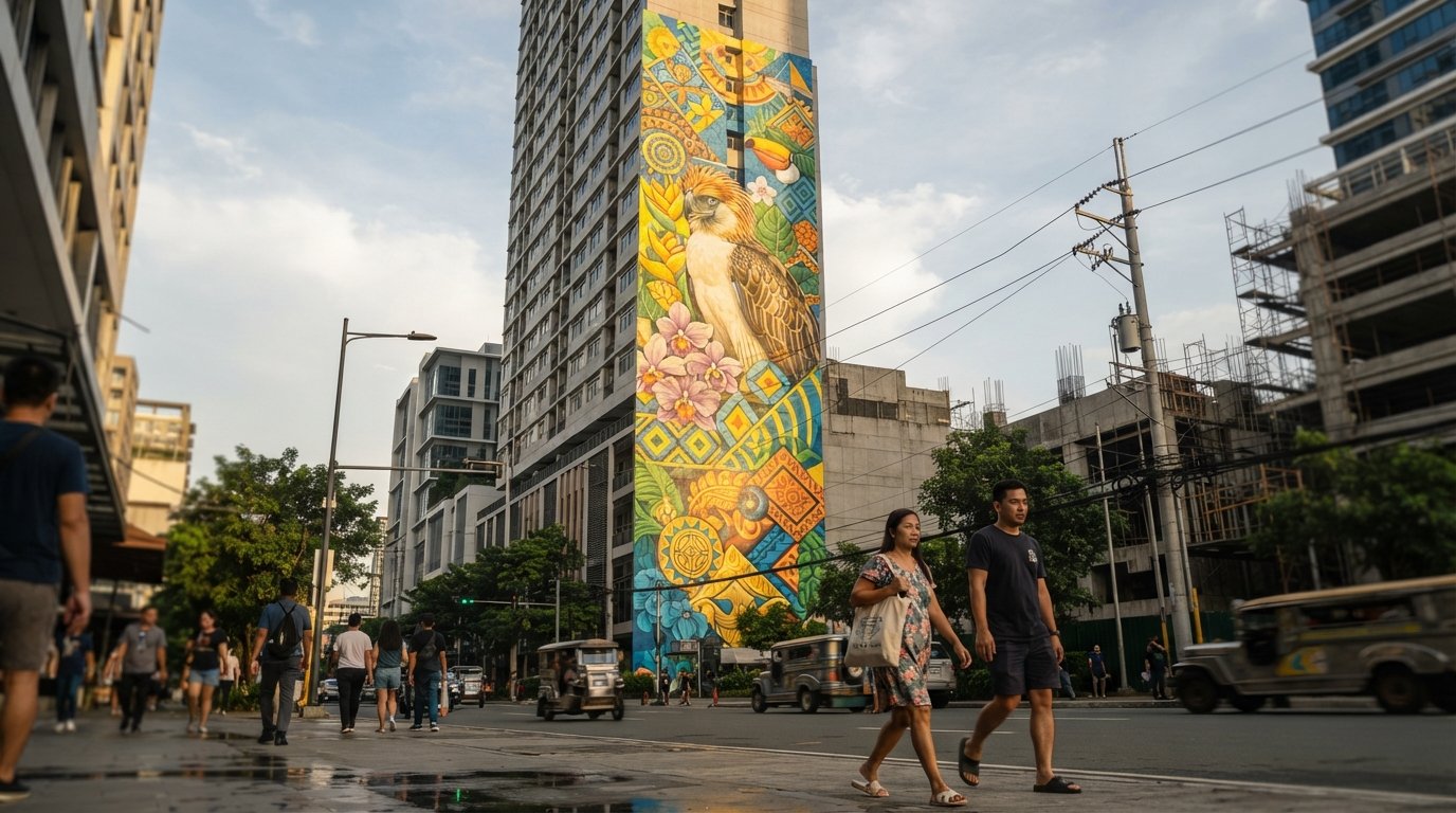building-scale murals on a BGC tower wall near the Arts Center, bright paint rising above the street at late-afternoon light