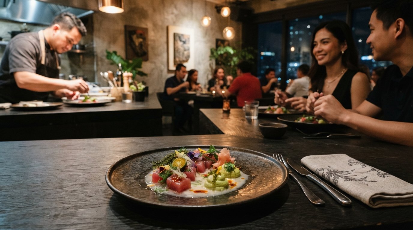 a plated tasting-menu course at Gallery by Chele, precise fine-dining presentation on a dark table under warm restaurant lighting