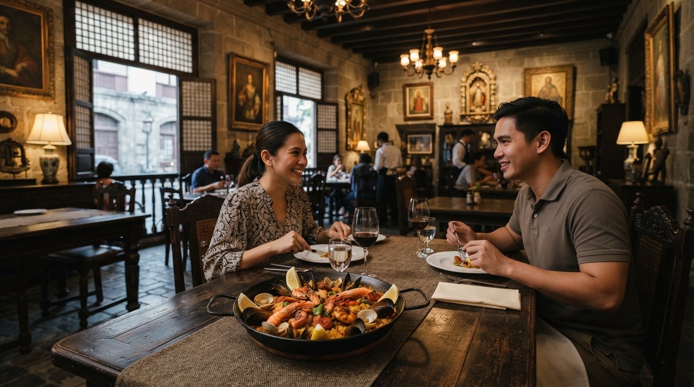 the antique-filled dining room at Ilustrado on Cabildo Street, with a plated Paella Ilustrado on the table and warm heritage lighting