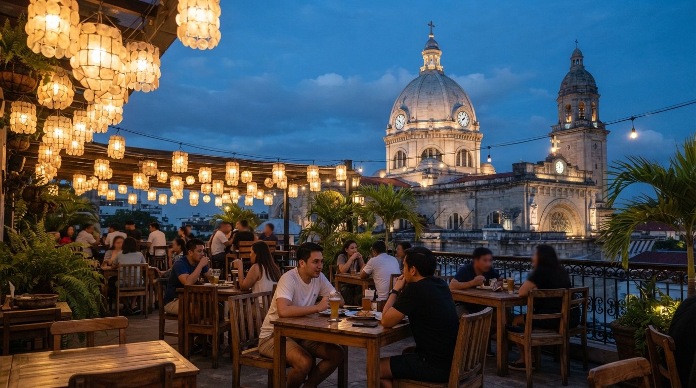 La Cathedral Cafe rooftop at dusk, capiz-shell lanterns glowing above tables with the Manila Cathedral dome filling the background