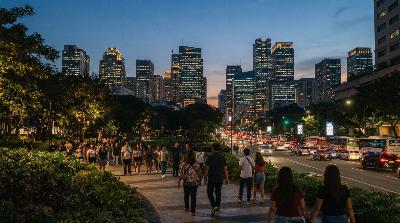Makati Central Business District, Manila: torri, tavoli e calma dopo il tramonto