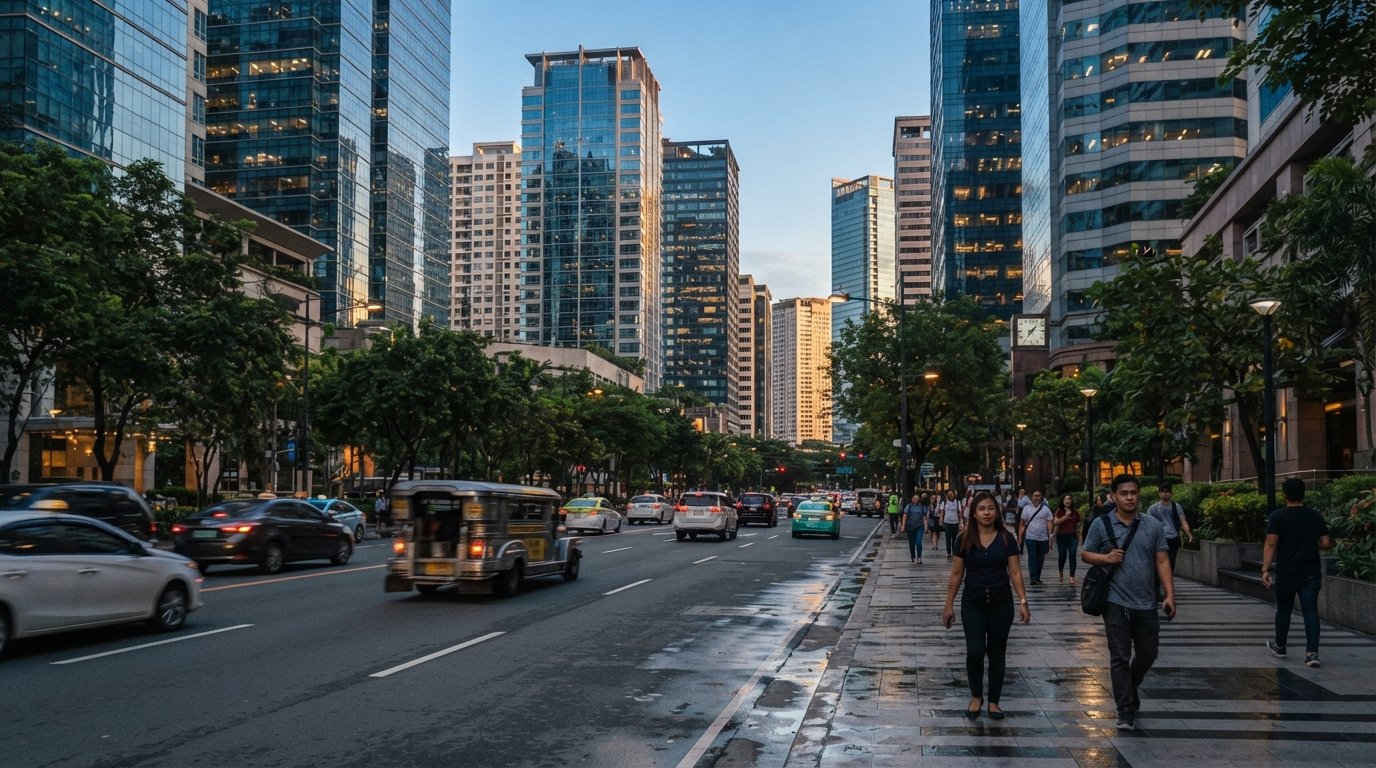 Ayala Avenue vol glazen kantoortorens aan het einde van de middag, het verkeer neemt af terwijl de zakenwijk overgaat in de avond