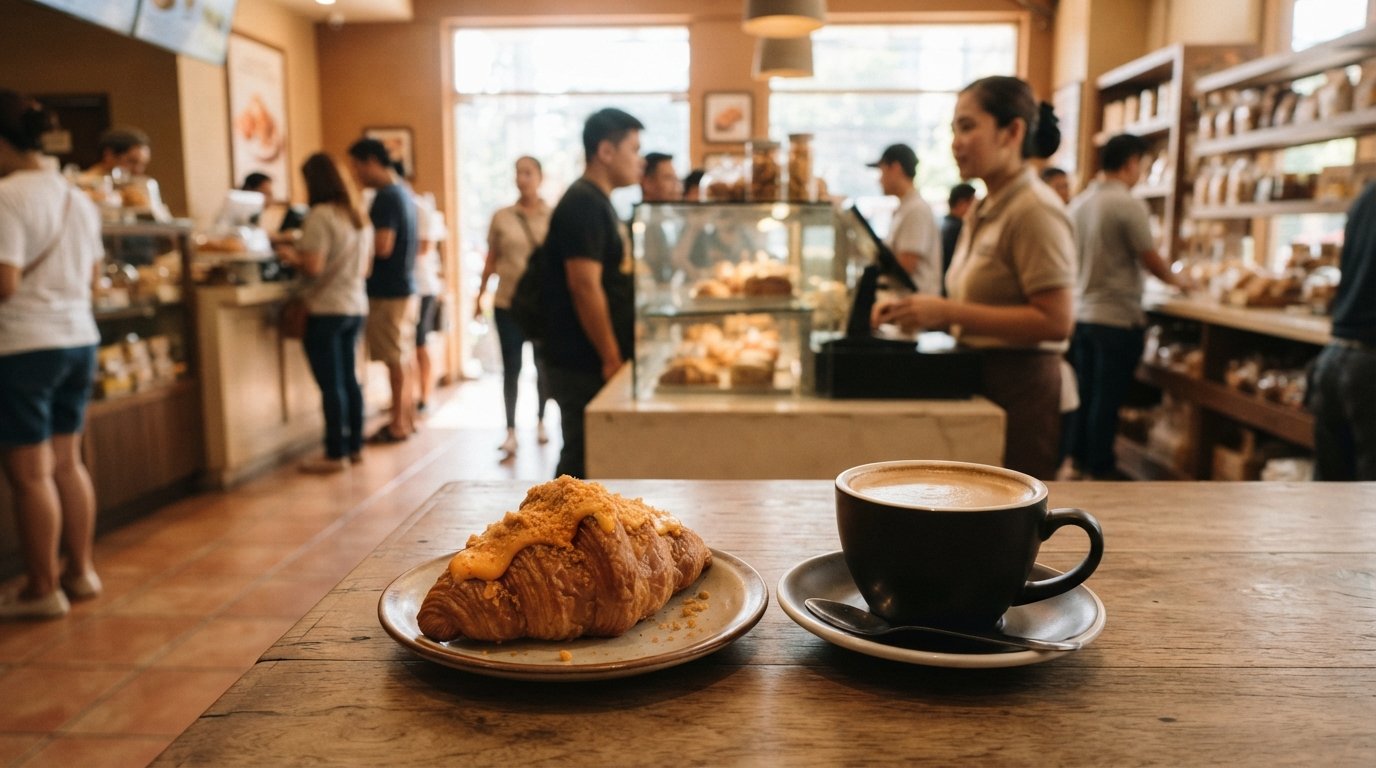 een gezouten-ei-croissant en sterke koffie bij Wildflour Café + Bakery aan de Rada Street, ochtendlicht op een drukke toonbank