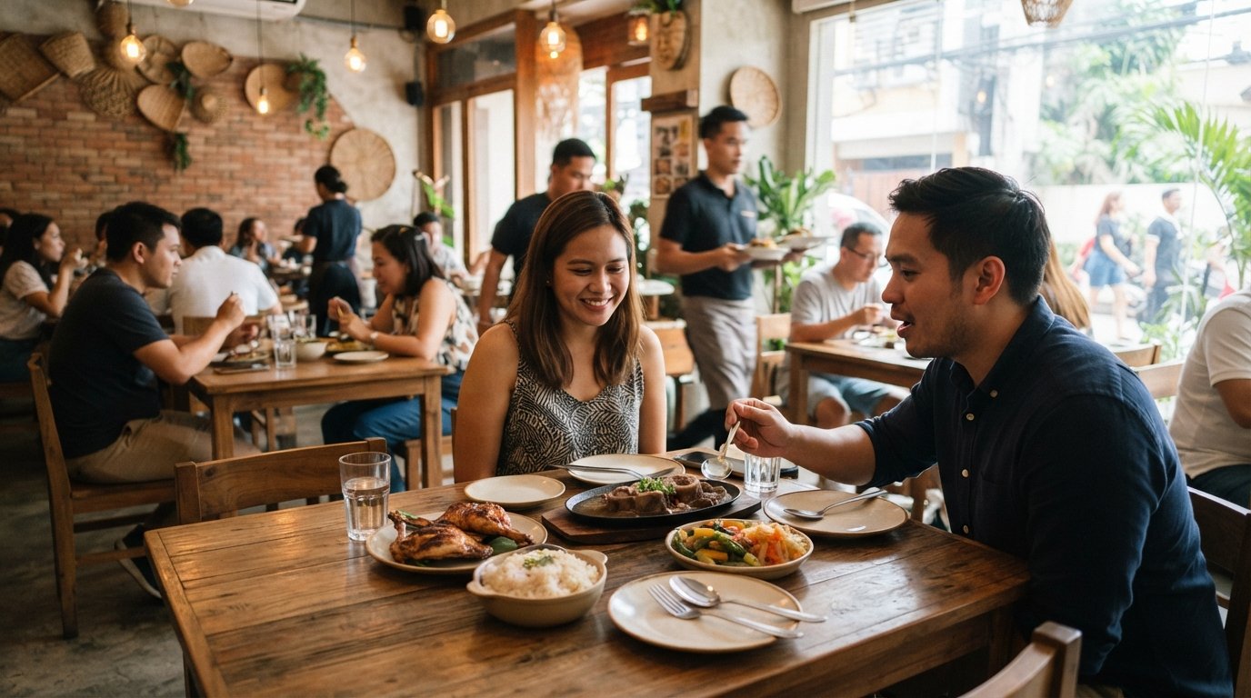 de verzorgde eetzaal van Sarsa Kitchen + Bar aan de Rada Street, met heldere casual interieurs en Filipijnse gerechten die op tafel komen