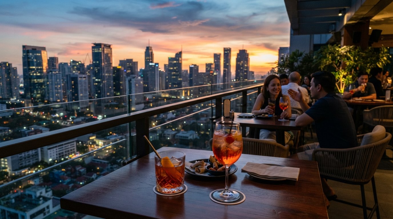 zonsondergang vanaf Mistral Rooftop Bar op de 10e verdieping van Fairmont Makati, skyline gloeiend achter cocktailglazen