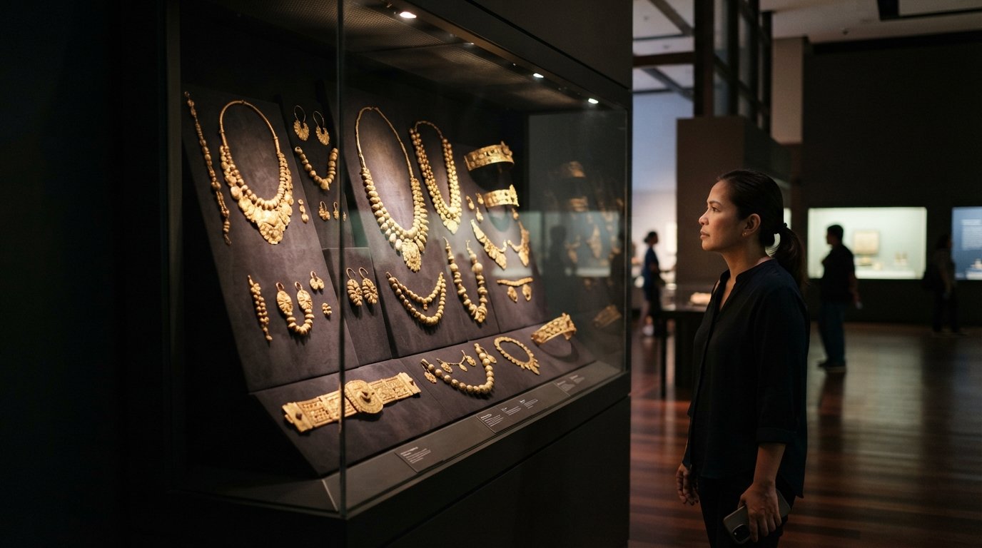 la Gold of Ancestors gallery all'Ayala Museum, pezzi d'oro precoloniali esposti sotto una soffusa illuminazione museale