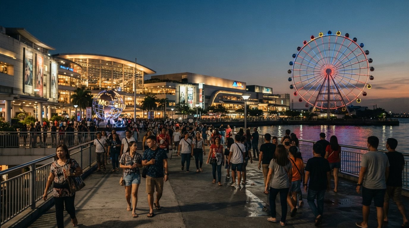 the SM Mall of Asia complex at dusk, broad façades, heavy foot traffic and the MOA Eye glowing above the reclaimed bayfront