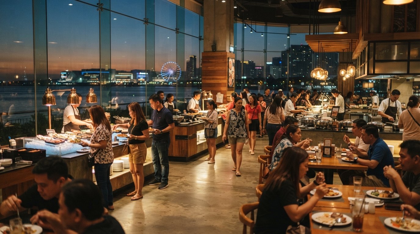 Vikings Luxury Buffet at SM By the Bay, floor-to-ceiling windows facing Manila Bay, buffet stations and diners under warm evening light