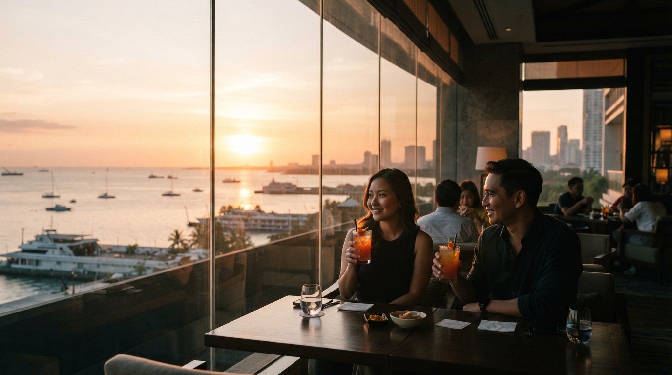 a sunset cocktail at Conrad Manila’s C Lounge, glass walls framing Manila Bay in golden hour light