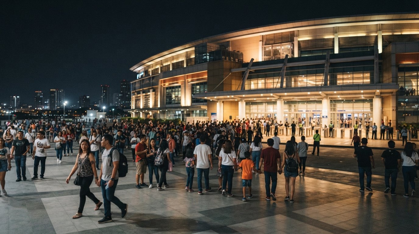 the Mall of Asia Arena at night, illuminated exterior and crowds gathering before a concert or basketball game