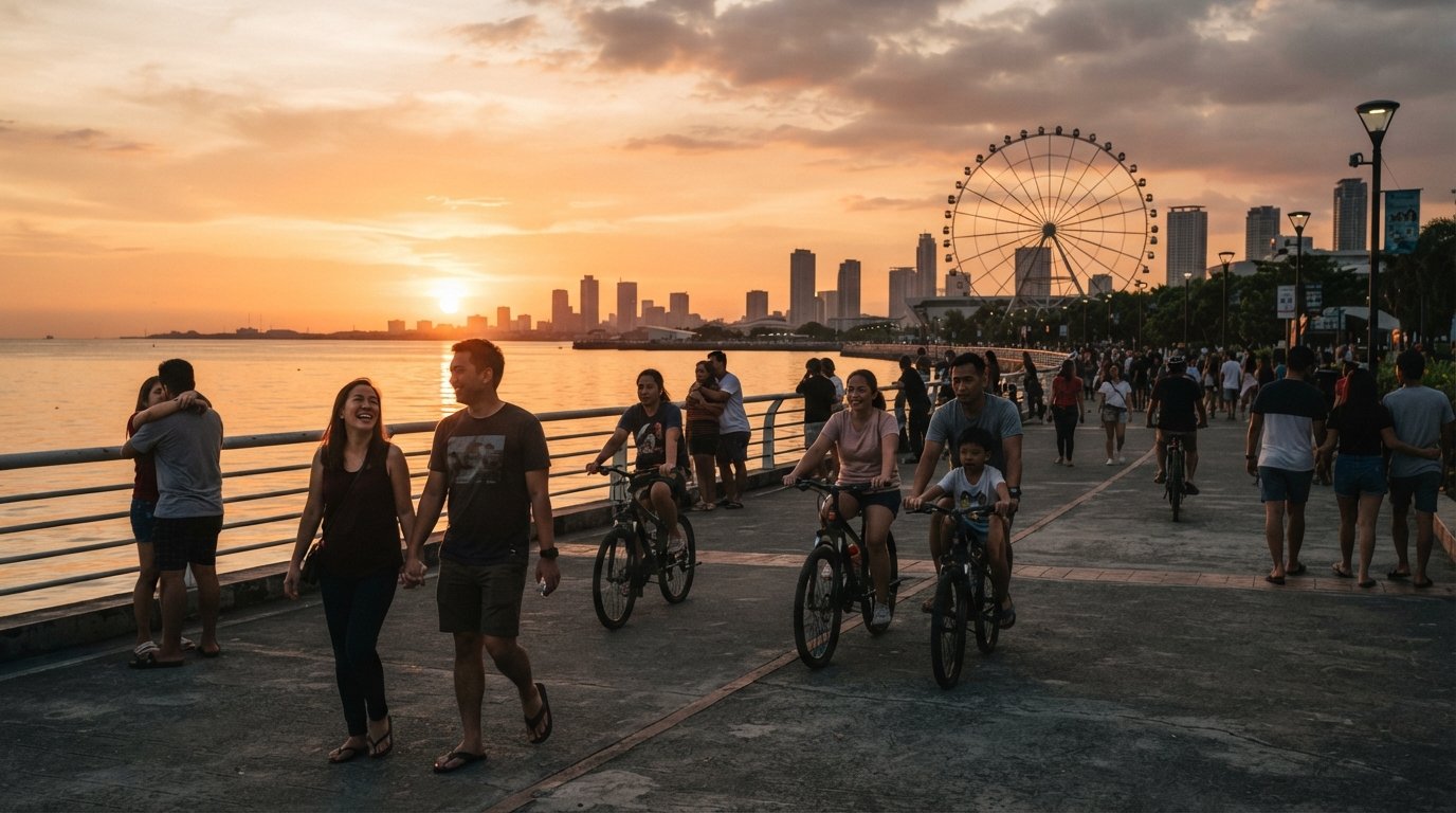 the SM By the Bay esplanade at sunset, couples and cyclists on the promenade with Manila Bay glowing orange beyond