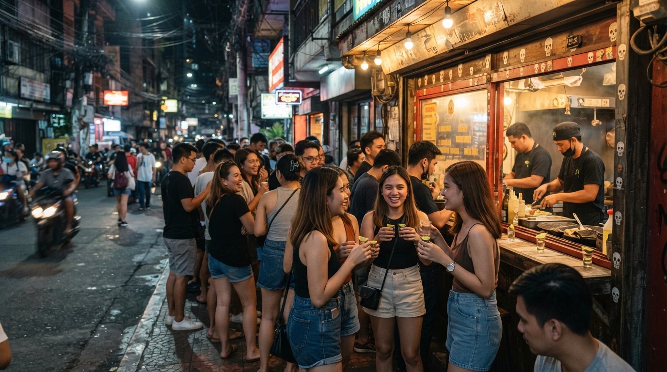 El Chupacabra 在 Felipe 街的 sidewalk 塔可窗口,傍晚时分排队的人群,龙舌兰酒和街灯的光晕