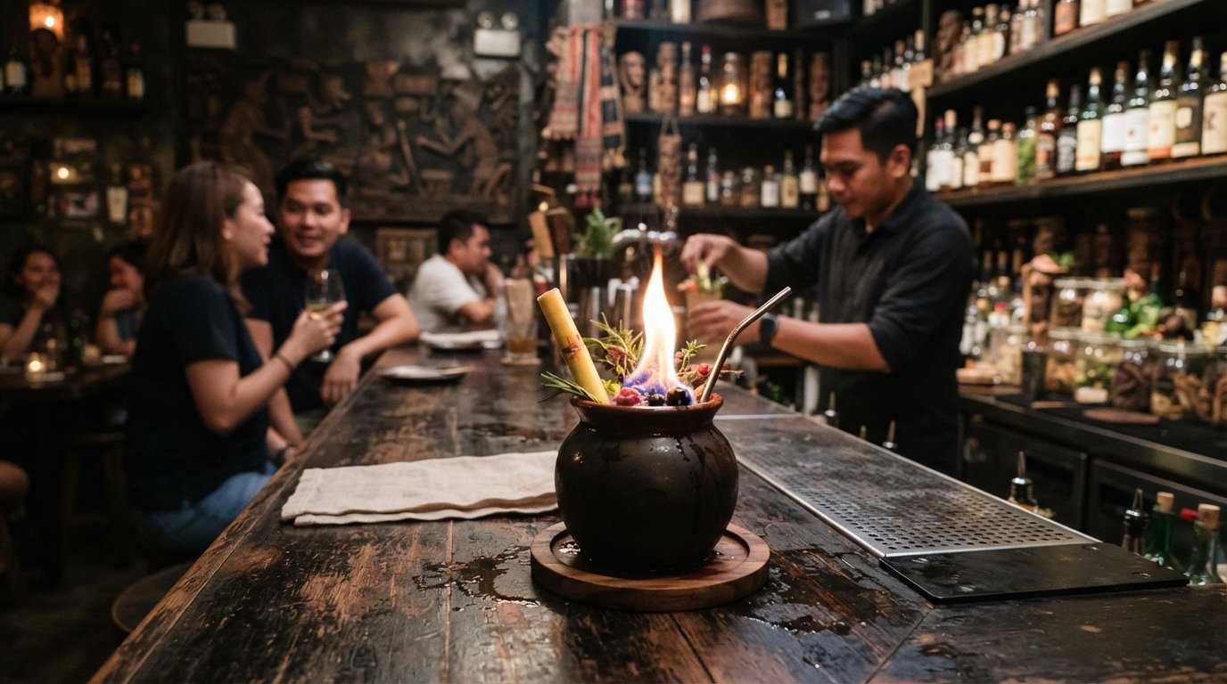 马尼拉帕布西翁 Alfonso 街上的 Agimat Foraging Bar and Kitchen,吧台上燃烧着民俗主题的鸡尾酒,酒吧内灯光昏暗