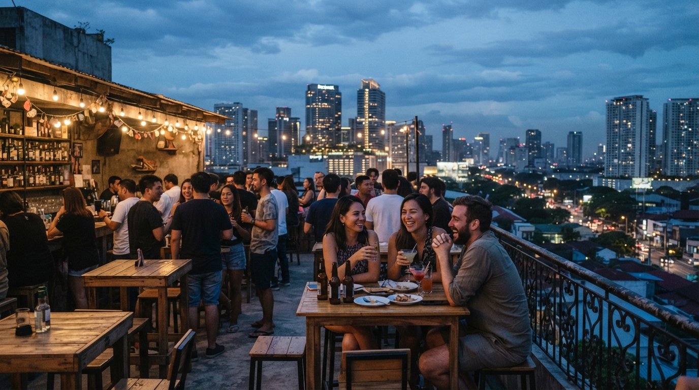 马尼拉帕布西翁的 Z Hostel Rooftop,黄昏时分,360度视野望向 Rockwell 塔楼和逐渐亮起的城市灯光