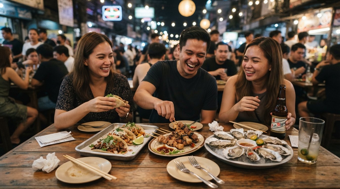 Poblacion美食酒吧之旅的场景,有El Chupacabra的墨西哥卷饼、Tambai的烧鸟和Wantusawa的生蚝,在温暖的马尼拉夜景灯光下