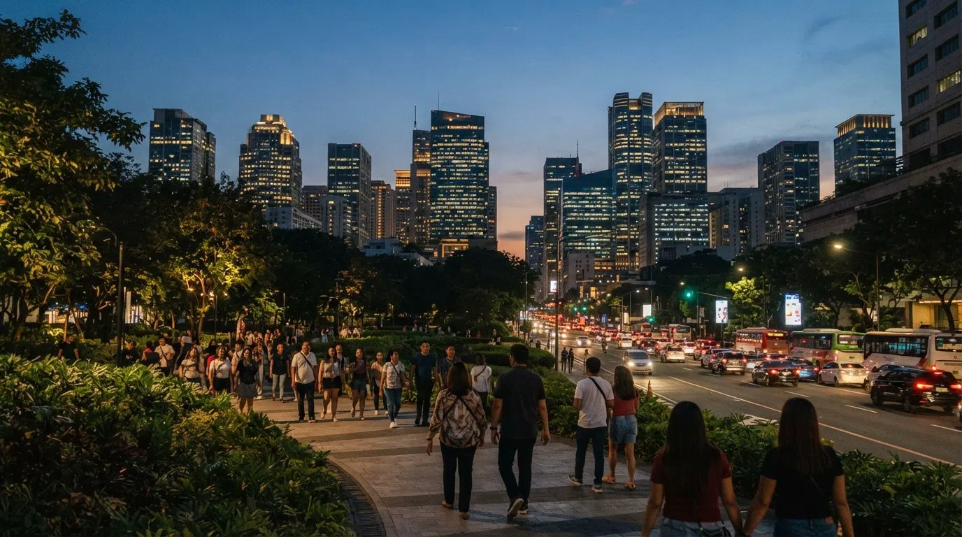 Makati Central Business District, Manila: towers, tables and after-dark calm